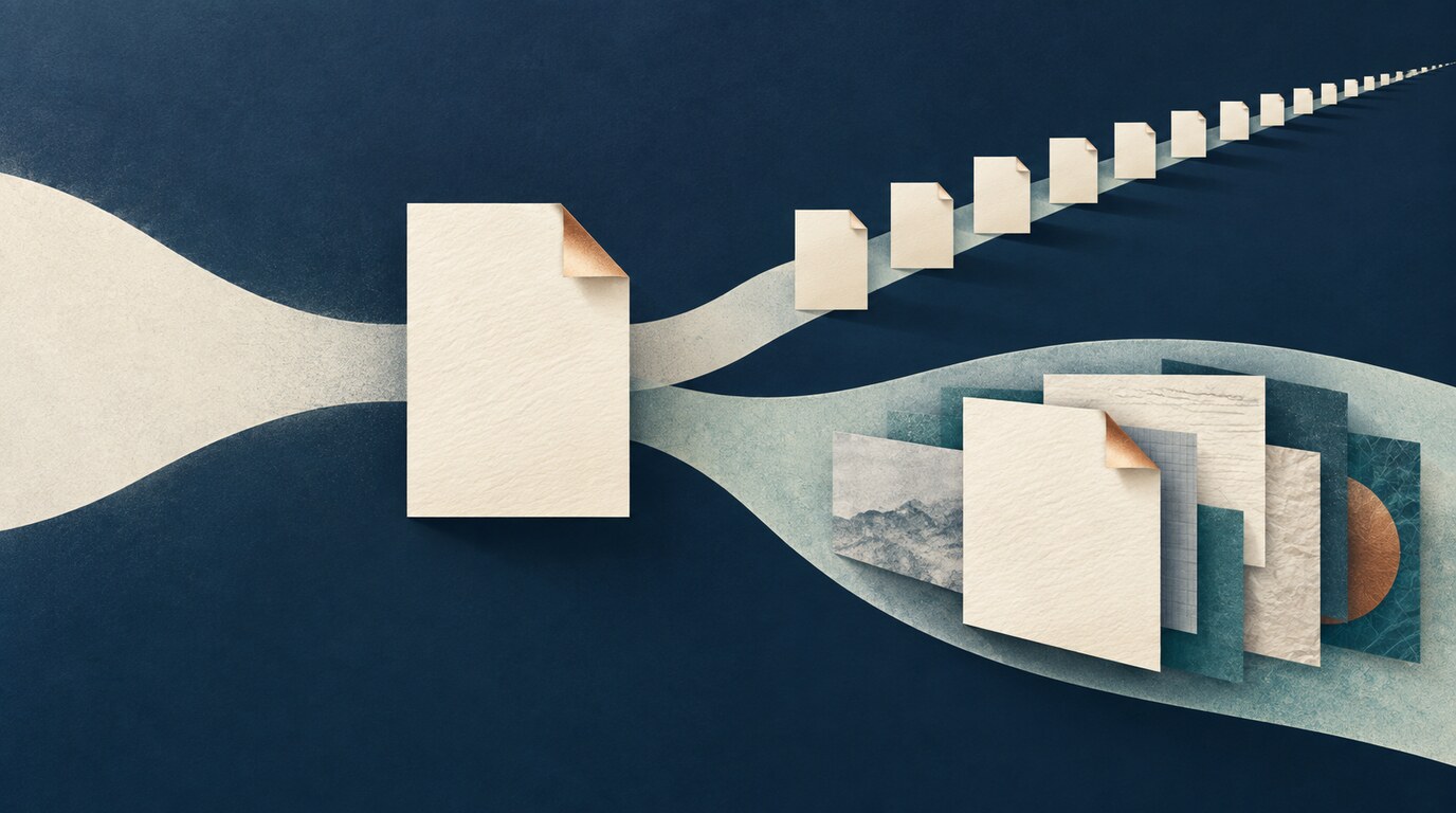 한 장의 종이에서 길이 갈라져, 반복되는 작은 종이와 여러 장 겹친 문서로 이어지는 일러스트