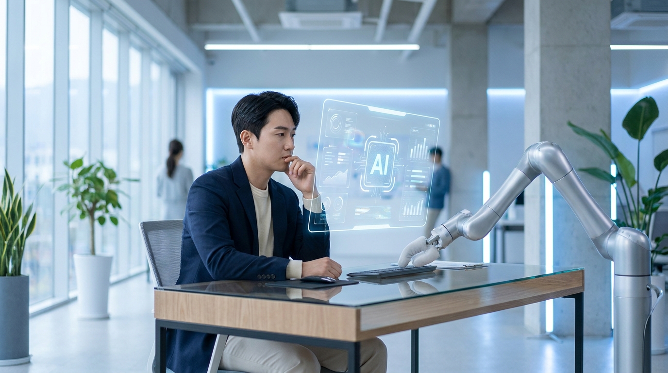 현대 오피스에서 AI 홀로그램 인터페이스와 로봇 팔을 바라보며 생각에 잠긴 직장인