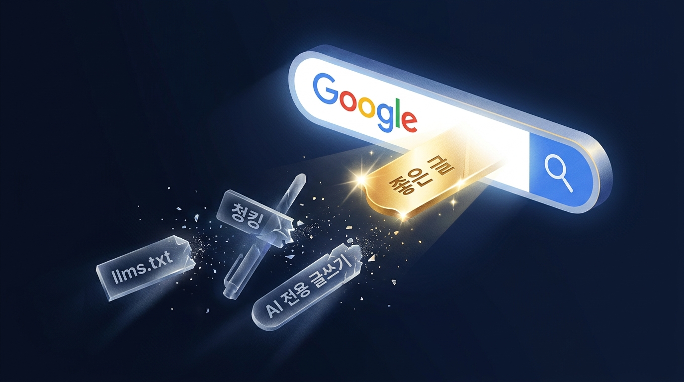 AI 검색용 특별 기법들이 흩어지고 좋은 콘텐츠 하나만 검색 관문을 통과하는 개념 일러스트
