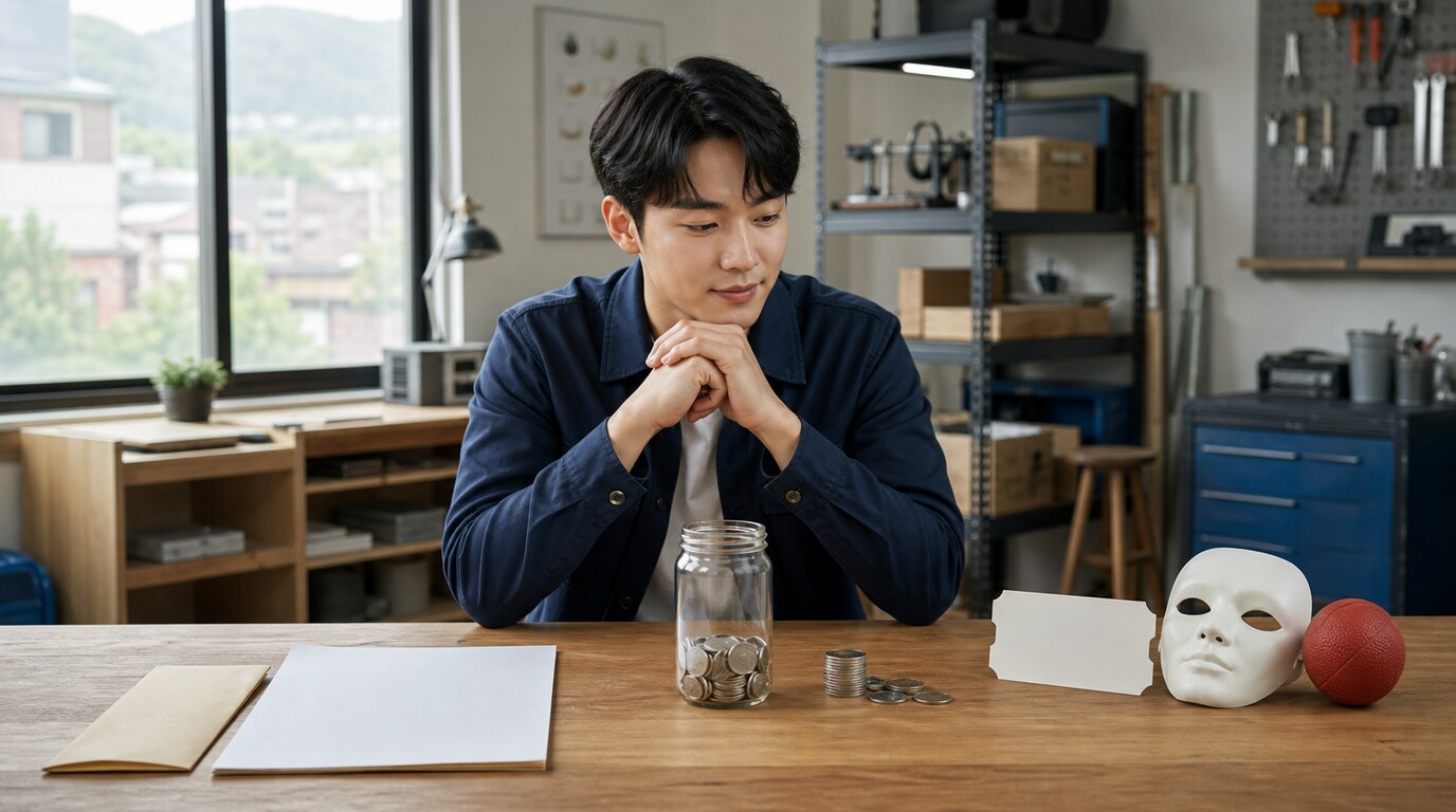 지역의 작은 작업실에서 한 청년이 책상 위 빈 서류와 봉투, 동전 저금통, 문화 티켓과 가면·공을 비교하는 모습