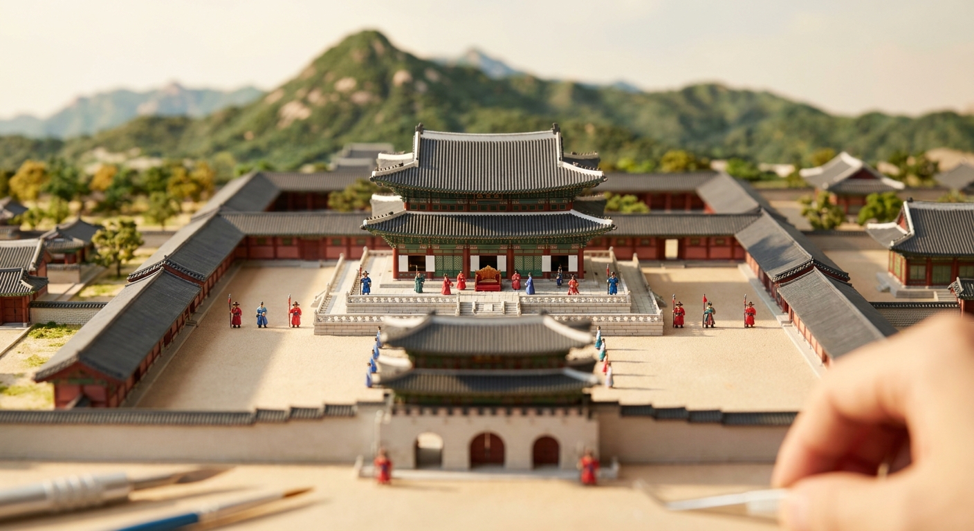 한복 입은 미니어처 인물과 근정전, 광화문, 뒤로 북한산이 보이는 경복궁의 3D 디오라마 미니어처 모형