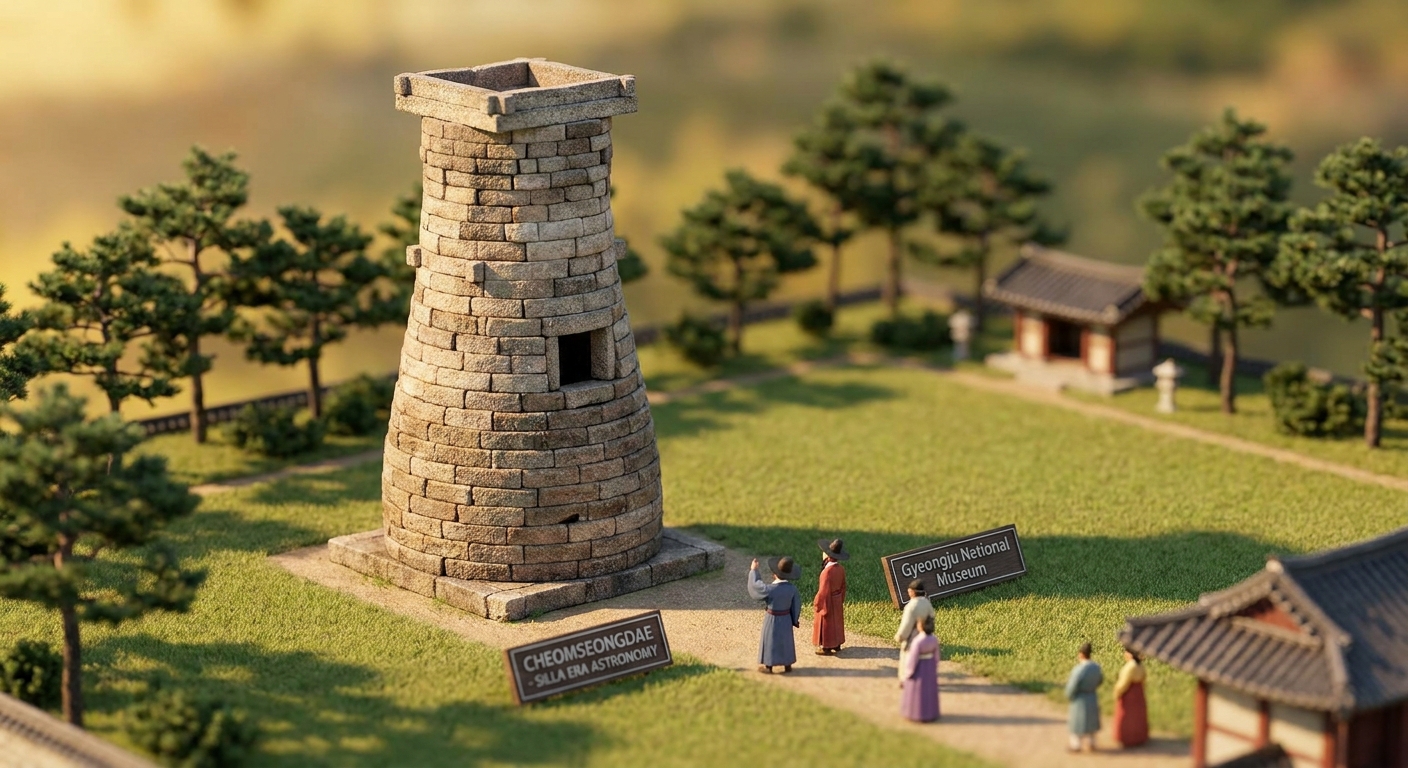 병 모양 화강암 석탑인 첨성대와 신라 복식의 미니어처 인물들이 노을빛 속에 놓인 3D 디오라마
