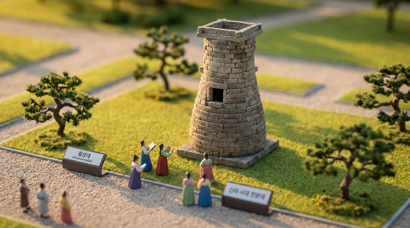 병 모양 화강암 석탑인 첨성대와 신라 복식의 미니어처 인물들이 노을빛 속에 놓인 3D 디오라마
