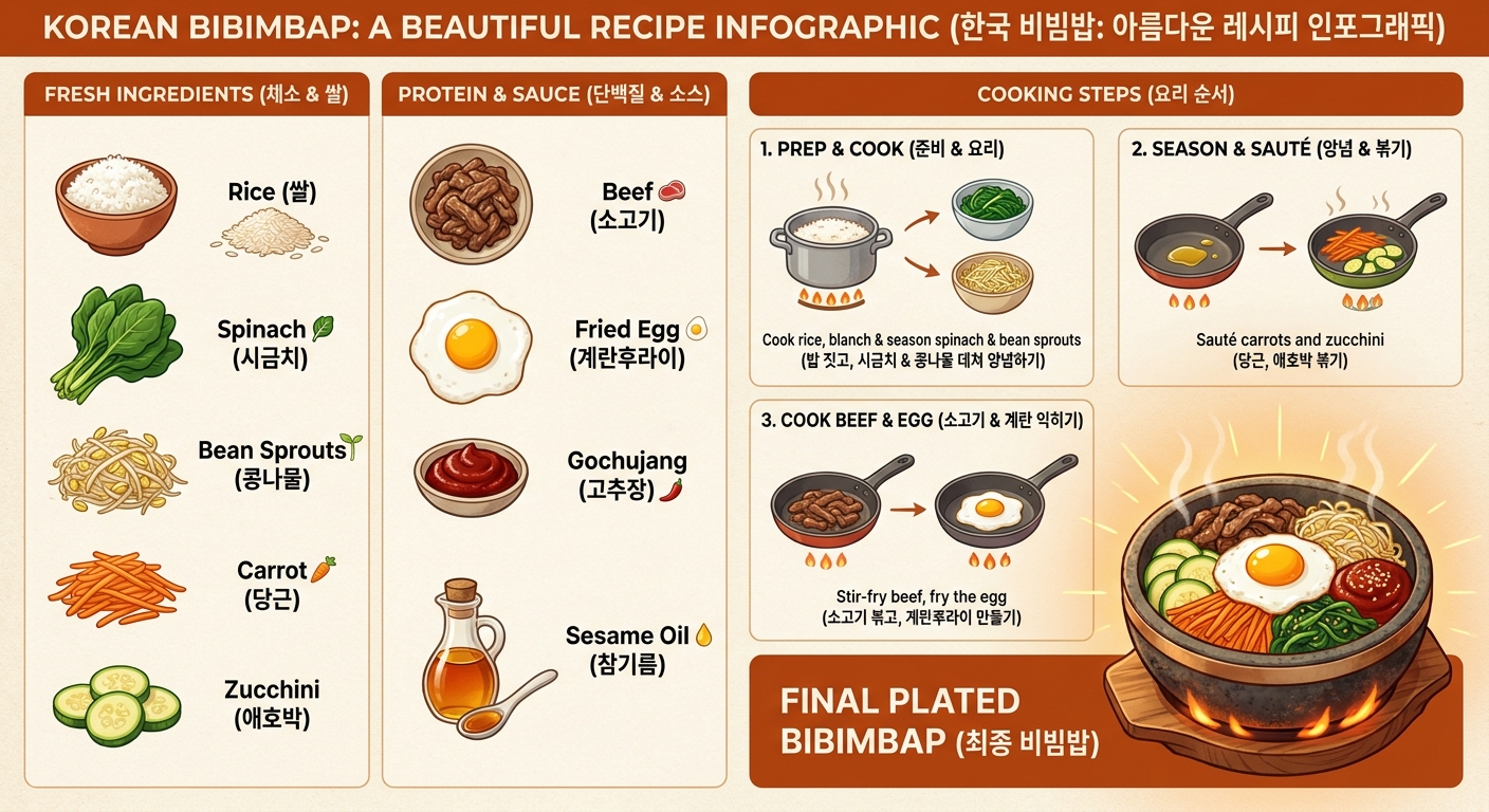 재료와 조리 과정, 돌솥 완성 사진까지 한글·영문으로 라벨한 비빔밥 레시피 인포그래픽