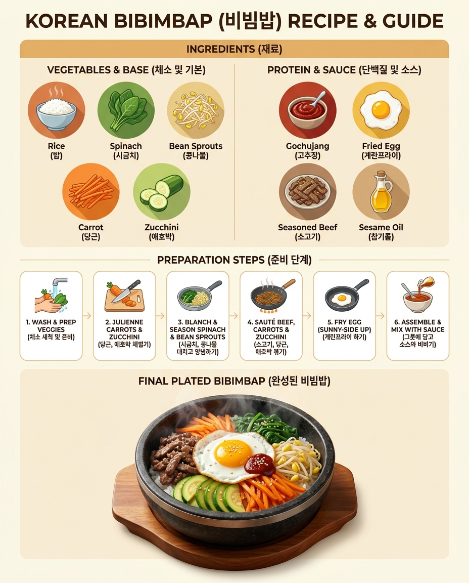 재료와 6단계 조리 과정, 돌솥 완성 사진까지 한글·영문으로 라벨한 비빔밥 레시피 인포그래픽