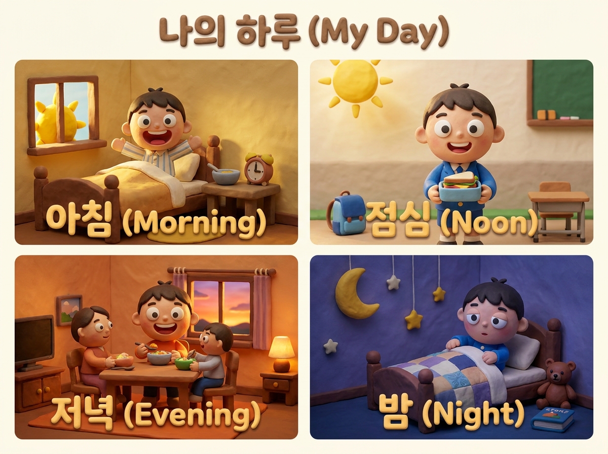 점토 애니메이션 스타일로 아침·점심·저녁·밤을 한 컷씩 표현한 한국 아이 캐릭터의 4분할 인포그래픽