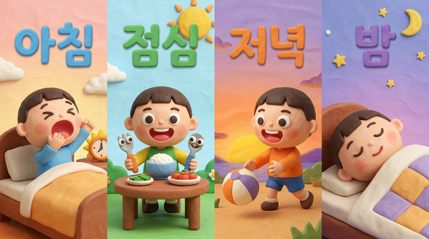 점토 애니메이션 스타일로 아침·점심·저녁·밤을 한 컷씩 표현한 한국 아이 캐릭터의 4분할 인포그래픽