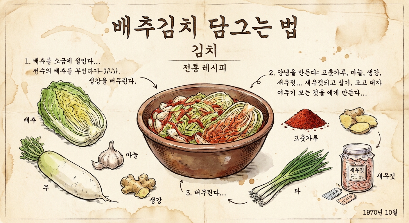 배추·무·마늘·고춧가루 손그림과 한글 손글씨 조리법이 담긴 오래된 종이 질감의 빈티지 김치 레시피 페이지