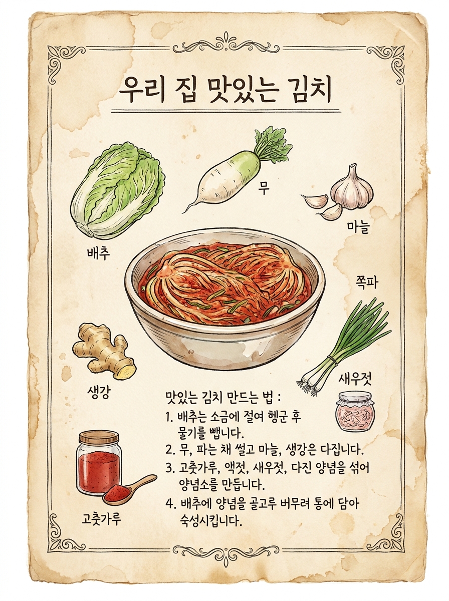 배추·무·마늘·고춧가루 손그림과 한글 손글씨 조리법이 담긴 오래된 종이 질감의 빈티지 김치 레시피 페이지