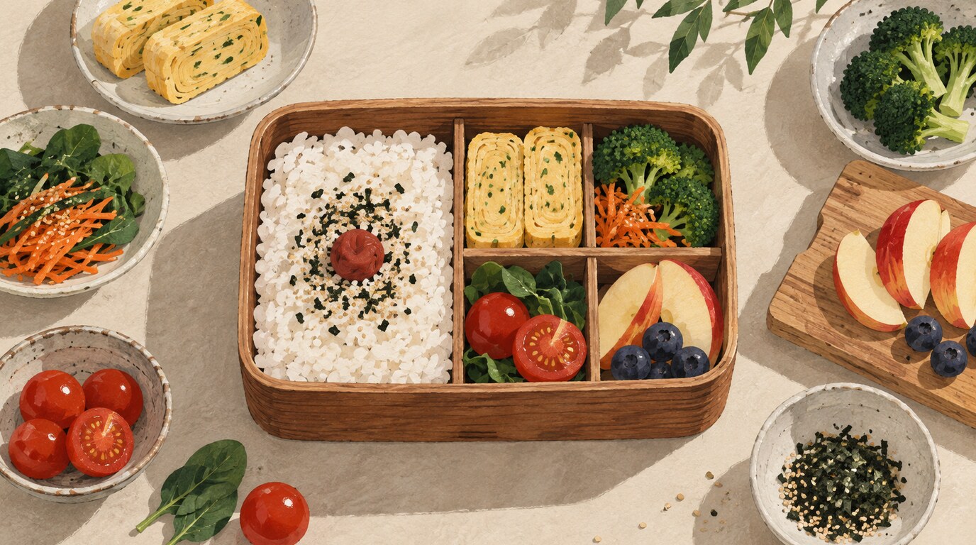 밥과 달걀말이, 채소와 과일로 차곡차곡 채워진 도시락을 위에서 본 삽화