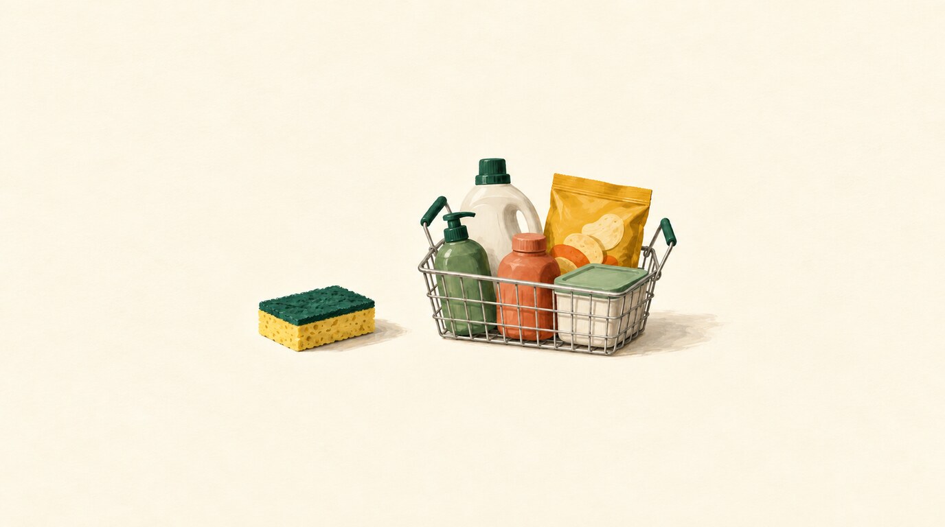 수세미 하나 옆에 세제와 과자, 수납함을 담은 장바구니를 그린 일러스트.