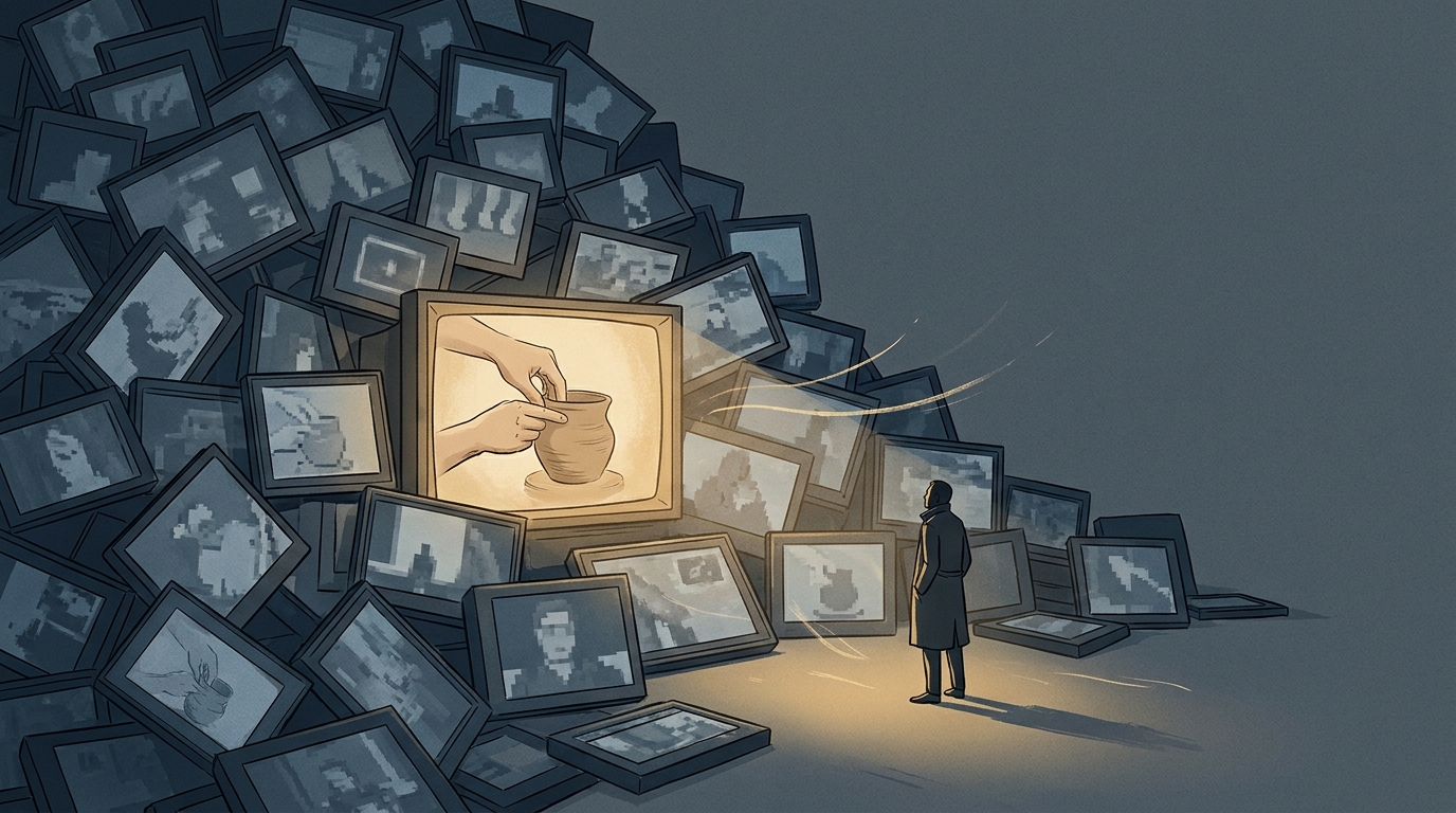 Conceptual illustration of a single human-made piece glowing amid an endless pile of identical low-quality AI videos — the flood of AI slop and the scarcity of real content.