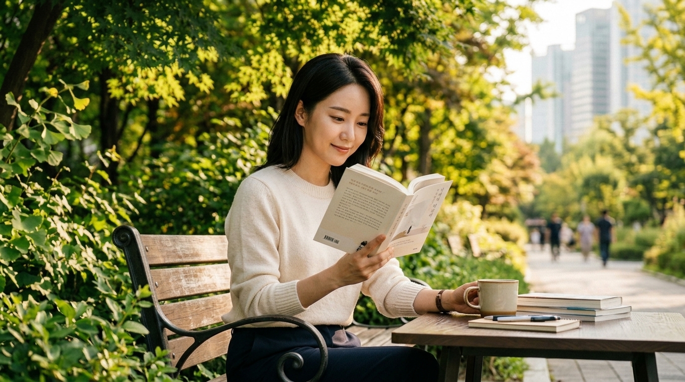 텍스트힙 트렌드를 실천하는 직장인, 도심 공원에서 종이책을 읽으며 디지털 기기 없이 휴식