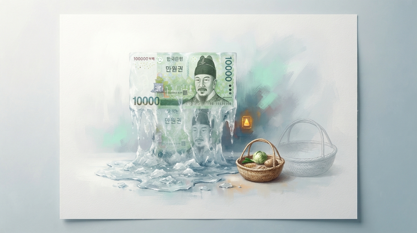 Minimalist concept illustration of a 10,000 won note melting like ice and shrinking, with a shopping basket beside it smaller than five years earlier — a visual of the won's falling purchasing power (inflation).