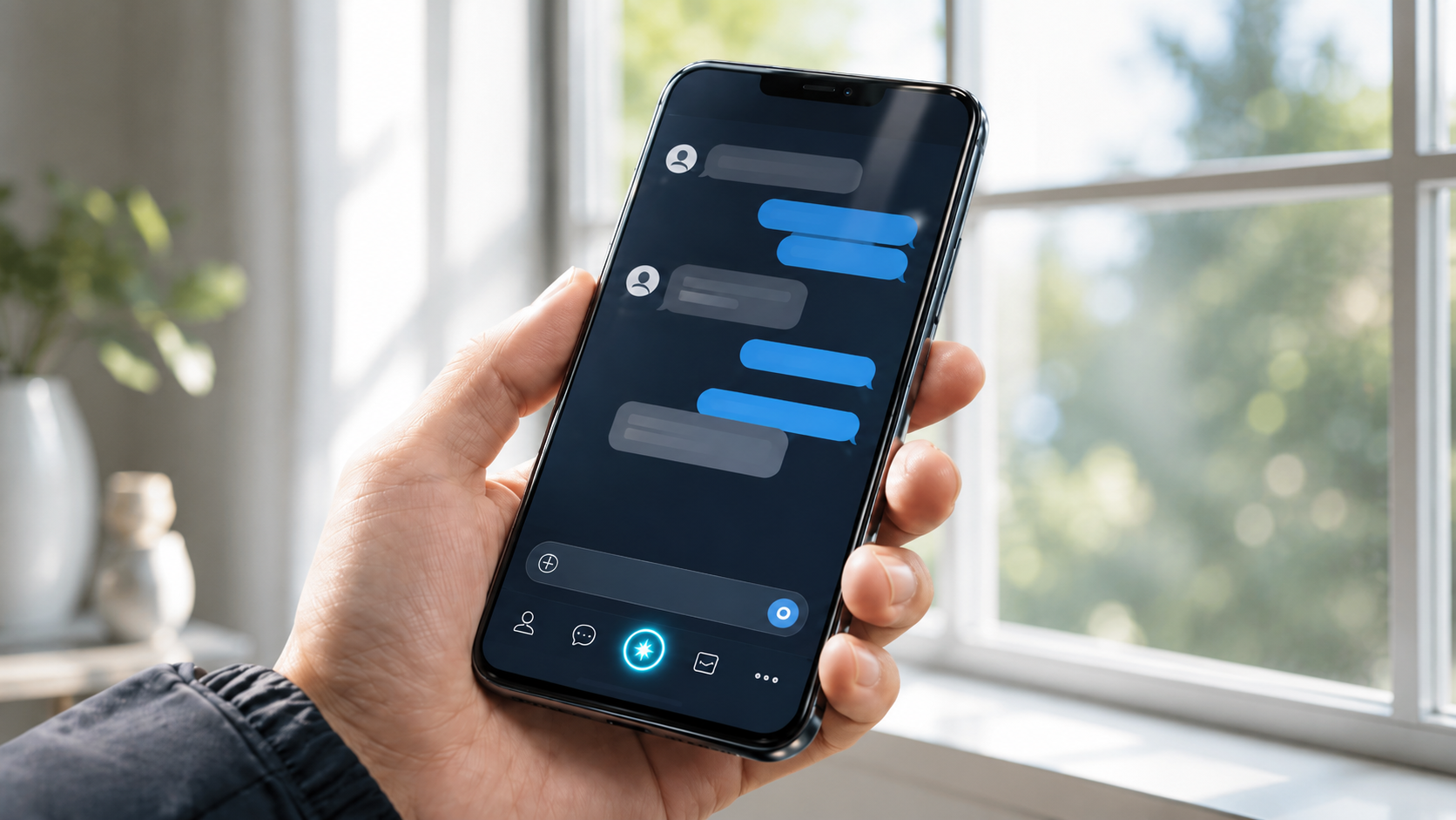 Conceptual illustration of a smartphone where an AI chat tab sits inside a familiar messaging app, evoking AI as an ambient layer woven into the apps Koreans already use.