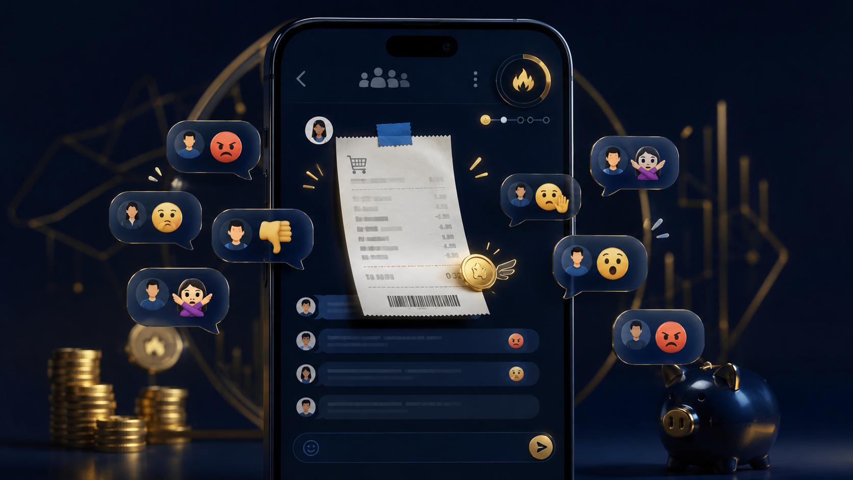 Conceptual illustration of a smartphone group chat where members react to a posted receipt, evoking Korea's communal, gamified approach to frugality.