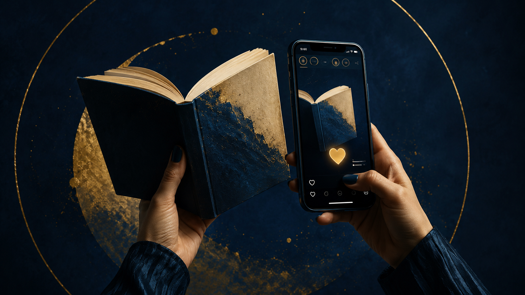 Conceptual illustration of a hand photographing an open book with a smartphone to post on social media, capturing text-hip as the display of reading rather than reading itself.