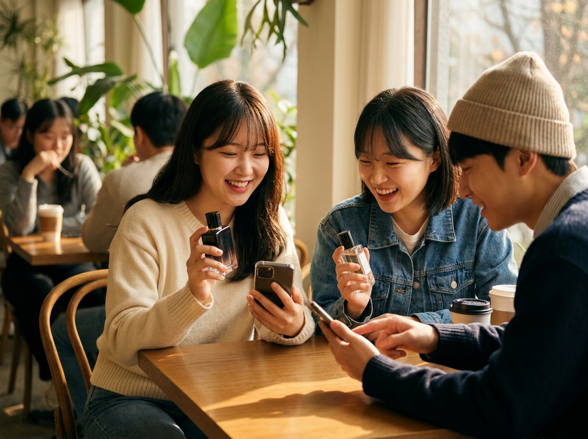 카페에서 스마트폰으로 향수 제품을 비교하는 한국 Gen Z 젊은이들 — 명품과 저렴한 대안을 나란히 들고 웃으며 정보를 공유하는 모습