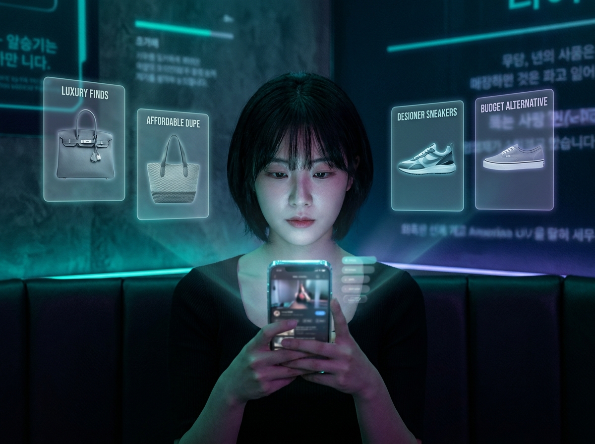 TikTok 피드를 스크롤하는 한국 여성 주위로 명품과 저렴한 대안 제품 비교 카드가 떠오르는 시네마틱 연출 — 소셜미디어가 듀프 소비를 어떻게 바꿨는지 시각화
