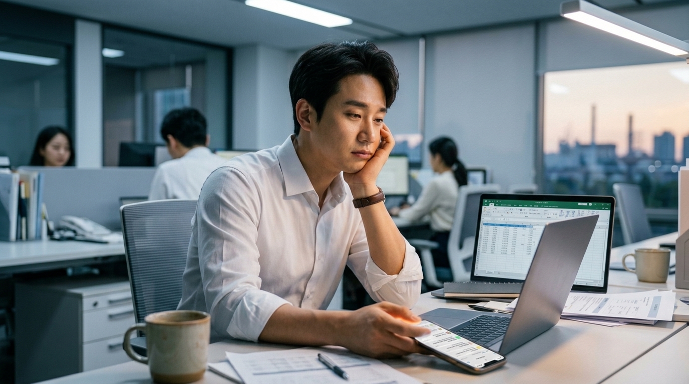 스마트폰과 노트북 화면에 지쳐 멍한 표정으로 앉아 있는 직장인, 디지털 피로와 번아웃