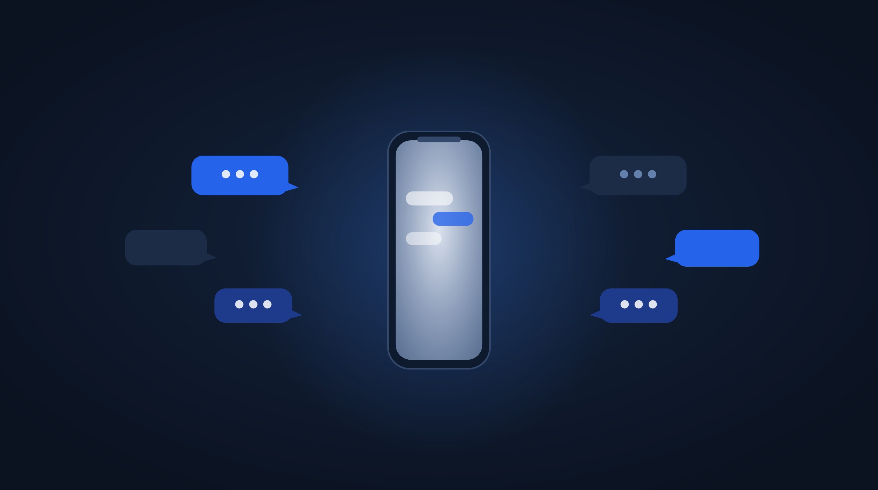 Minimalist vector illustration of empty speech bubbles moving toward a softly glowing smartphone on a deep navy background — a conversation with AI, with no people in frame.