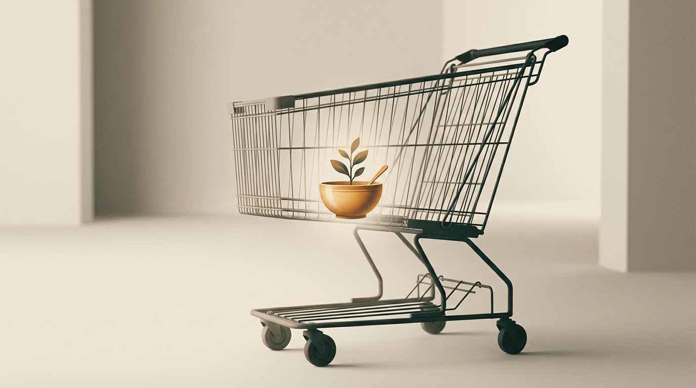 Conceptual illustration of a single chosen item kept in an otherwise empty shopping basket — the YONO idea of keeping only what you truly need.